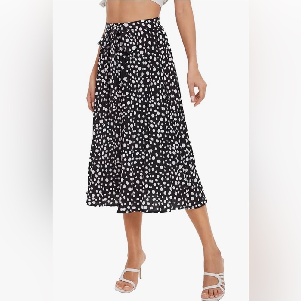 Floerns Black & Polka Dot Printed Elastic Waist A Line Pleated Midi Skirt NWOT